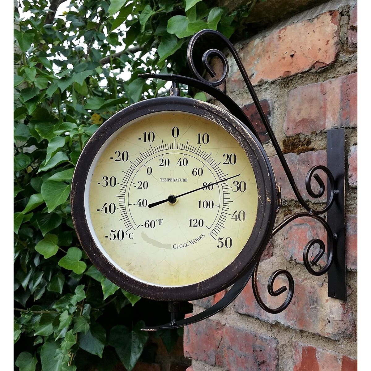 Vintage Outdoor Garden Clock With Thermometer & Swivel Station Bracket