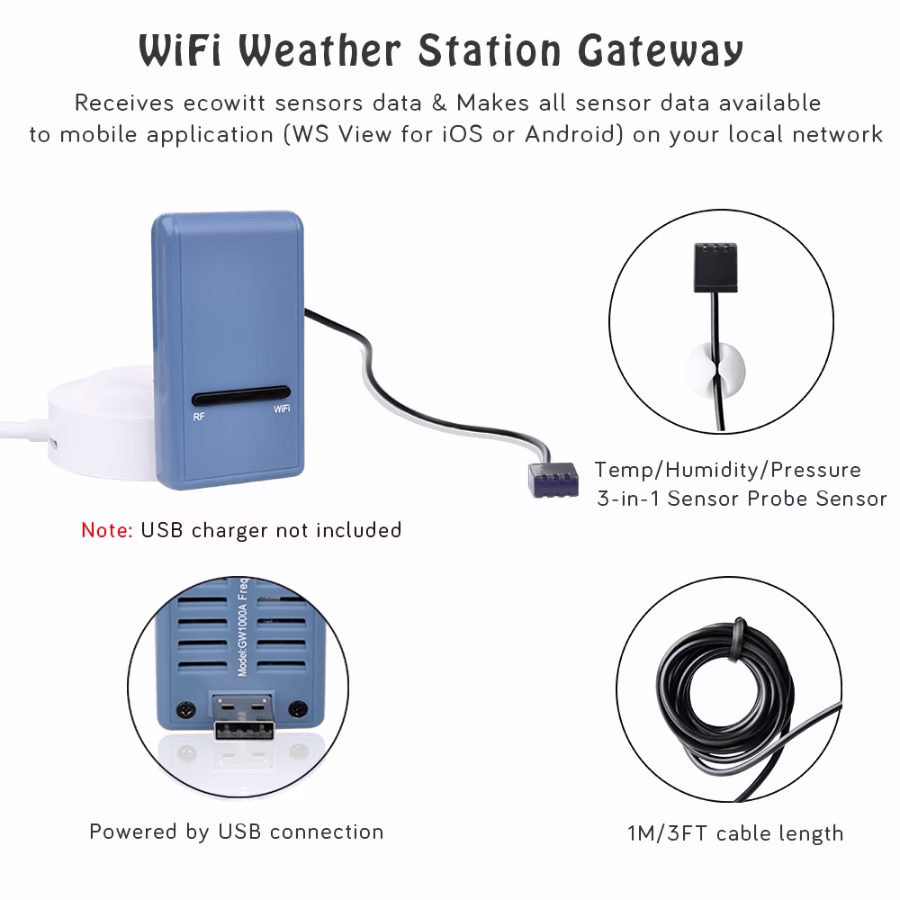 Ecowitt Professional Weather Station GW1102 Wi-Fi Gateway with Solar Anemometer, UV, Light Sensor & Rain Gauge - Image 4