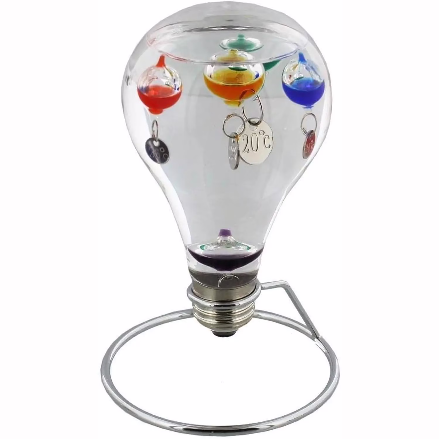 Light Bulb Shaped Galileo Thermometer on Metal Stand